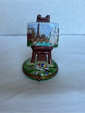 Limoges Hand-Painted Easel Trinket Box in Blue, Green, Brown and Gold